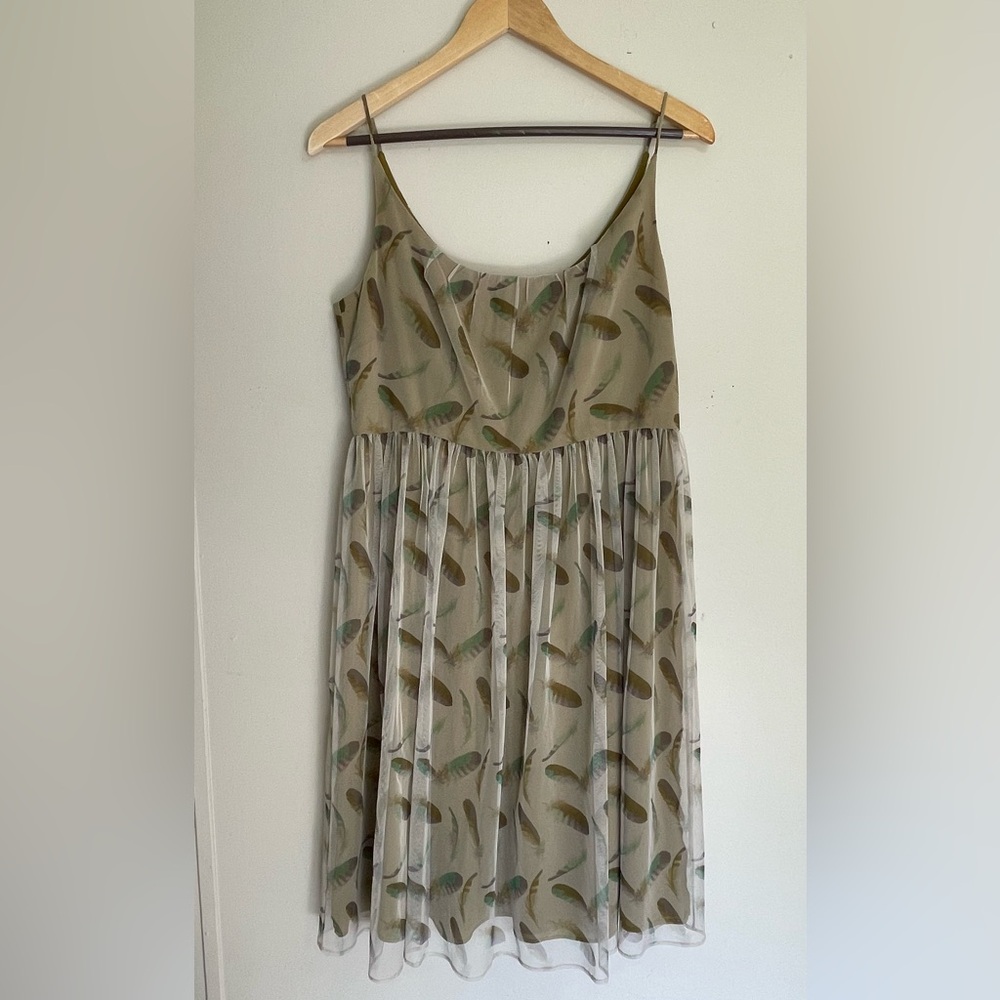Fossil Olive Green Feather Pleated Midi Dress Cocktail Party Formal